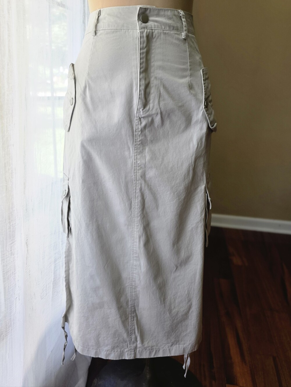 White Cargo Maxi Skirt M Utility Pocket Drawstring Y2K Streetwear 11KN Cotton